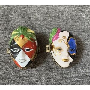 2 Mardi‎ Gras Carnival Masquerade Volto Mask Clown Hinged Lid Trinket Box CBK